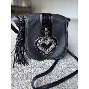 Brighton Black Leather Crossbody Bag metal Heart Accent‎ Flap Small boho bag